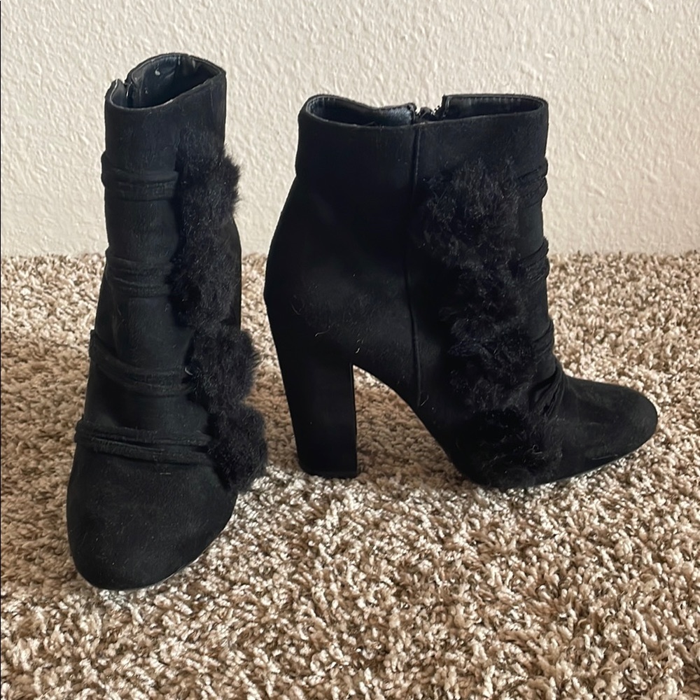 Pom Pom Black Winter High Heeled Ankle Boots